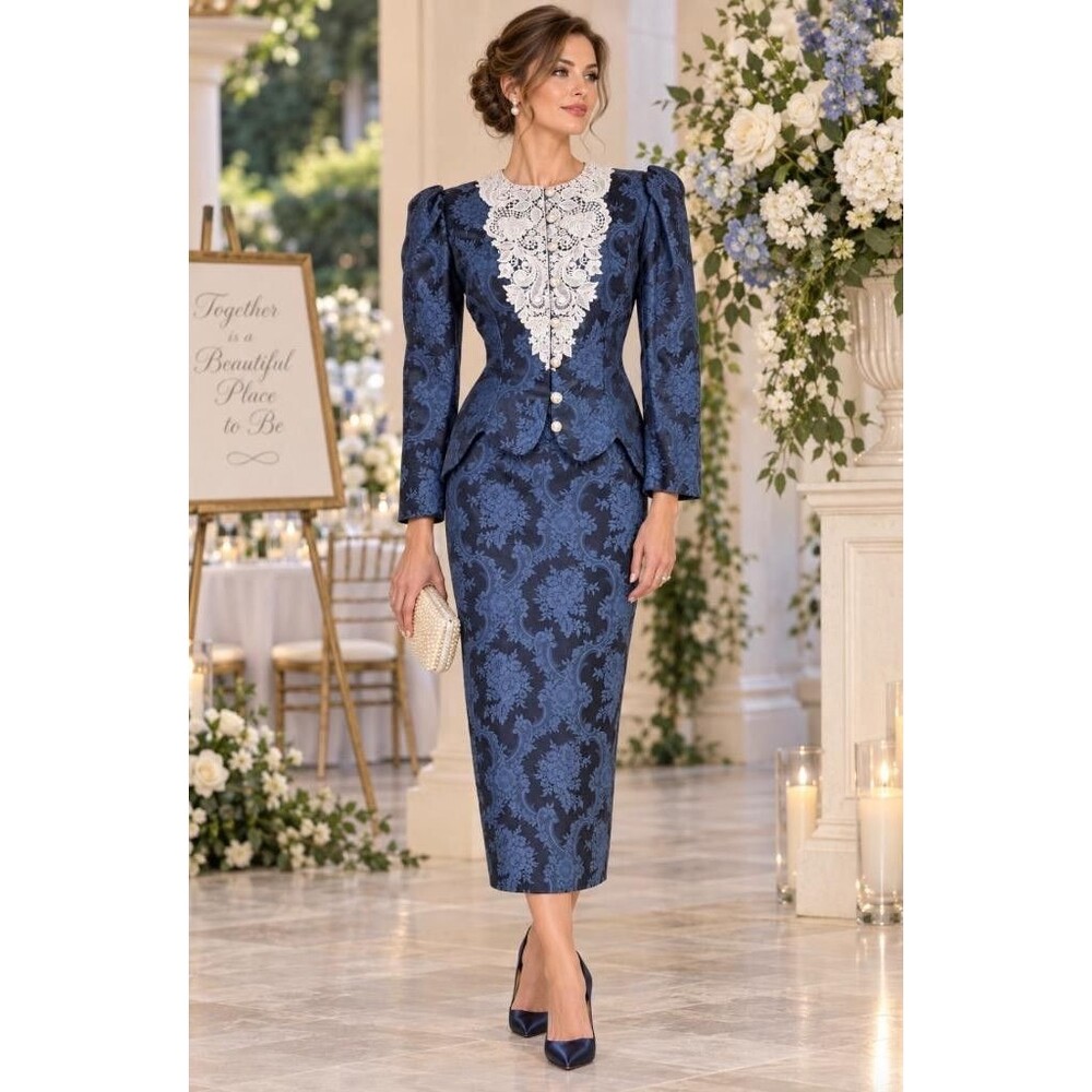 Jessica McClintock Bridal Skirt Suit Size 8 Blue Floral Brocade Lace Vintage 80s